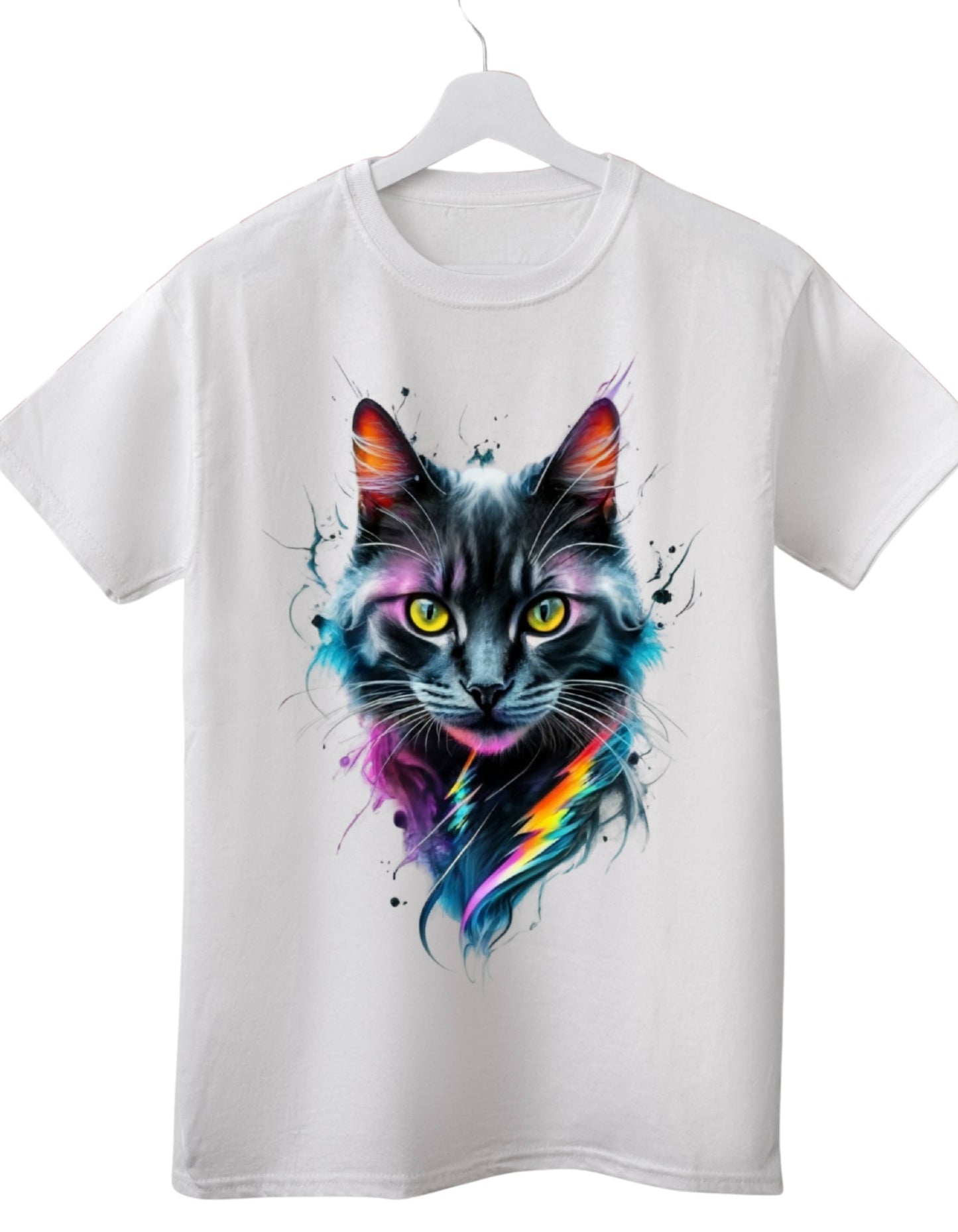 Neon Cat Art Graphic Printed White T-Shirt