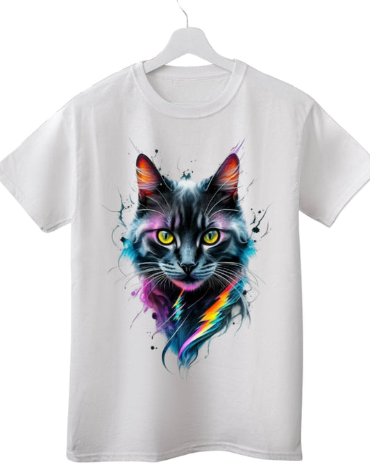 Neon Cat Art Graphic Printed White T-Shirt