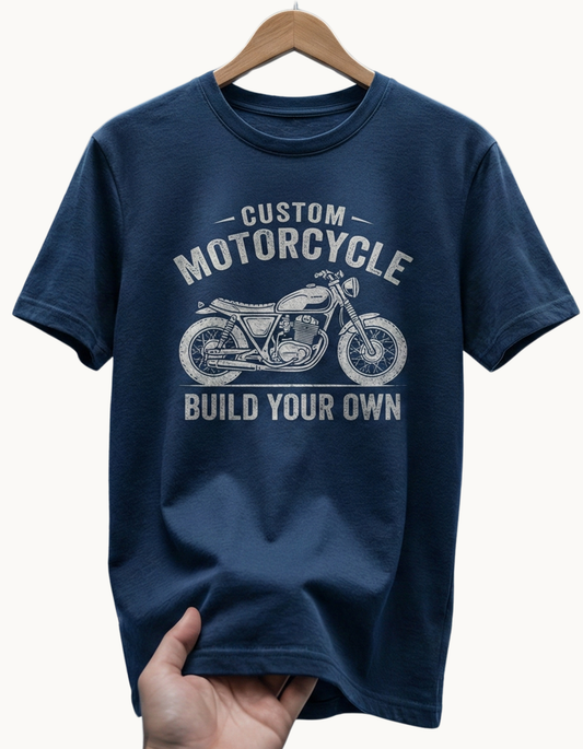 Custom Motorcycle "Build Your Own" Graphic T-Shirt | Vintage Blue Edition