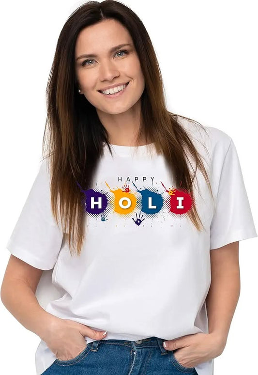 Happy Holi Special Graphic Cotton T-Shirt - White