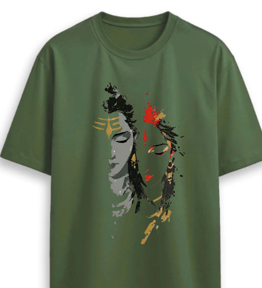 Ardhanarishvara Shiva Parvati Graphic Printed T-Shirt - Olive Green